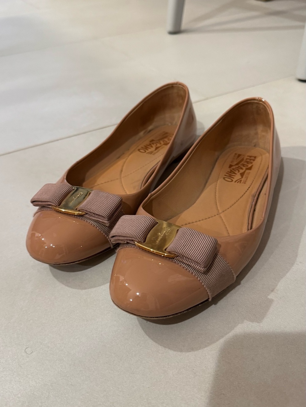 Salvatore Ferragamo Patent Leather Bow Flats in Blush